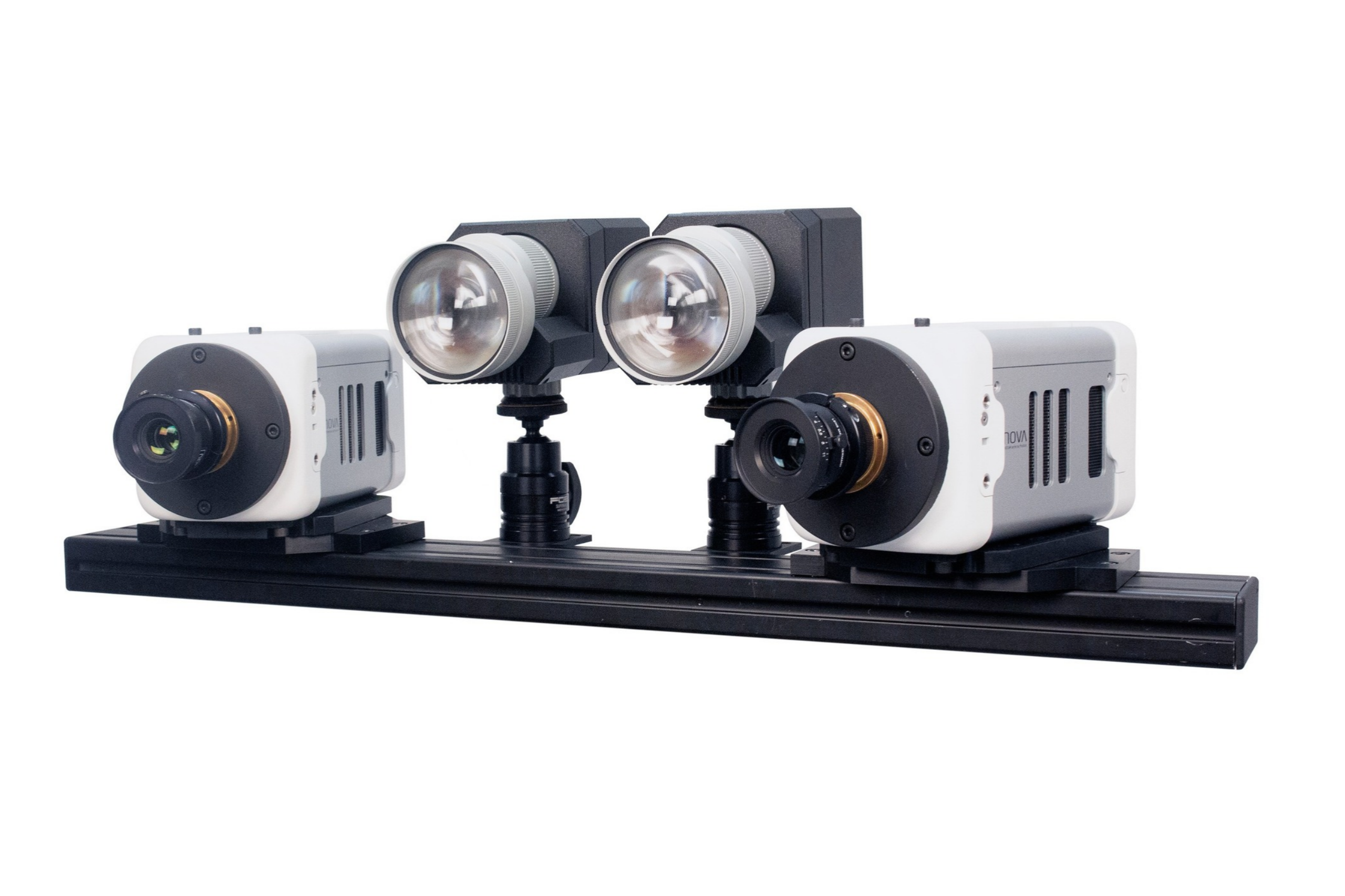 ARAMIS High Speed stereo camera pair with metrology lenses and illumination on a mounting rail