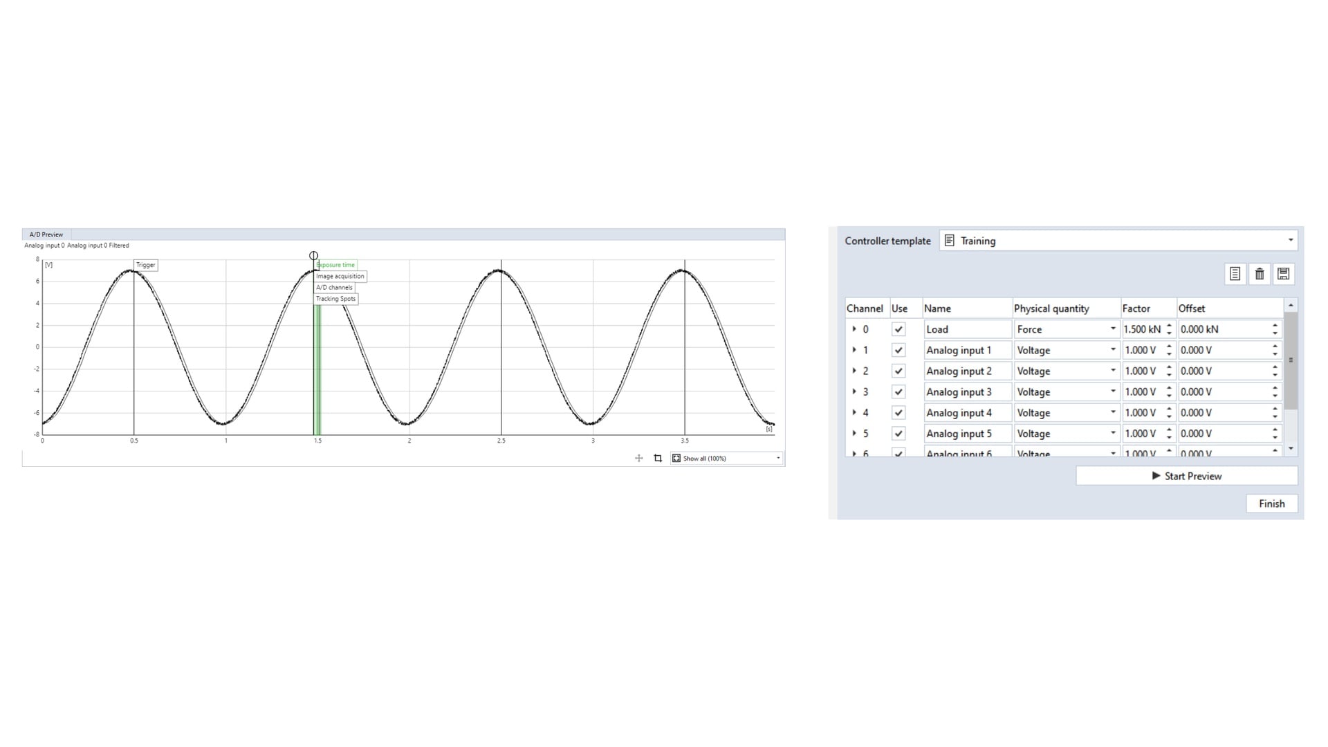 Analogue signal preview beside channel conversion settings in CORRELATE