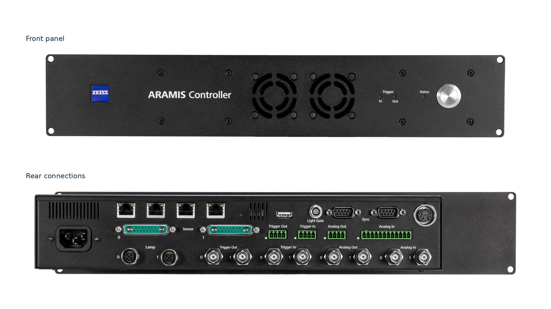 Front panel and rear connection panel of the ARAMIS Controller