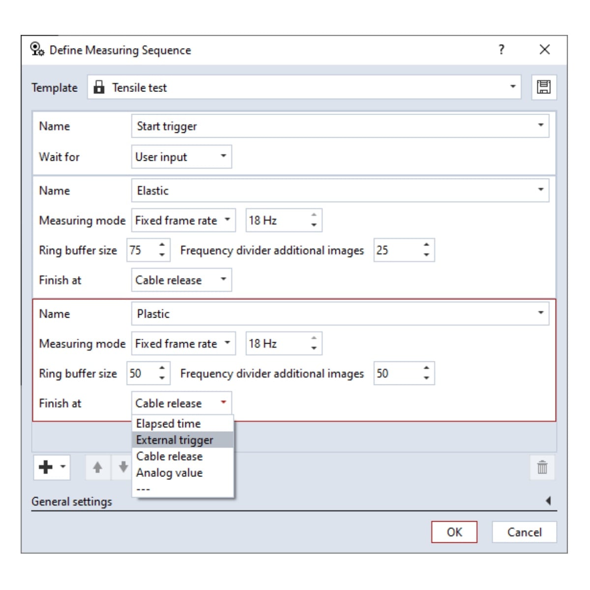 Measurement sequence editor showing trigger and staged recording settings