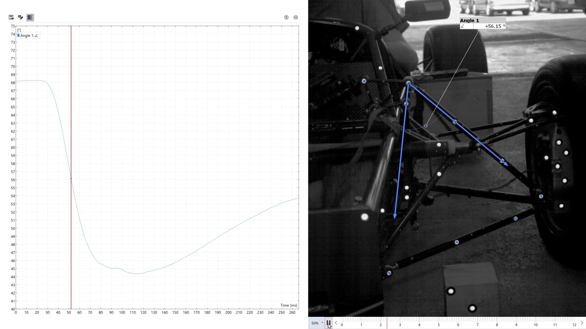 CORRELATE point-tracking measurement on a test component with displacement curves