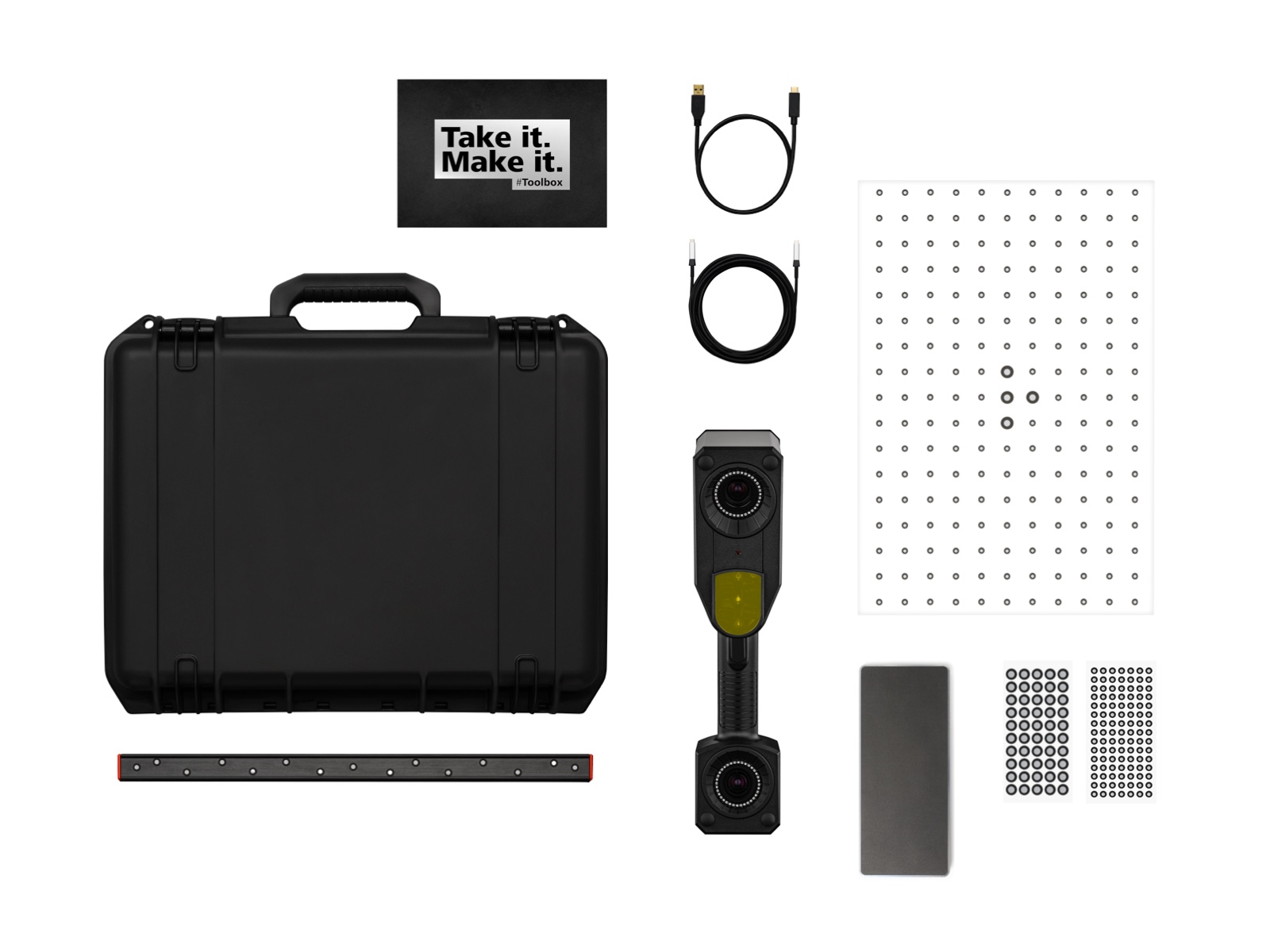 ZEISS T-SCAN hawk 2 system contents laid out with transport case, scanner, calibration panel, HyperScale, cables, reference points and accessories